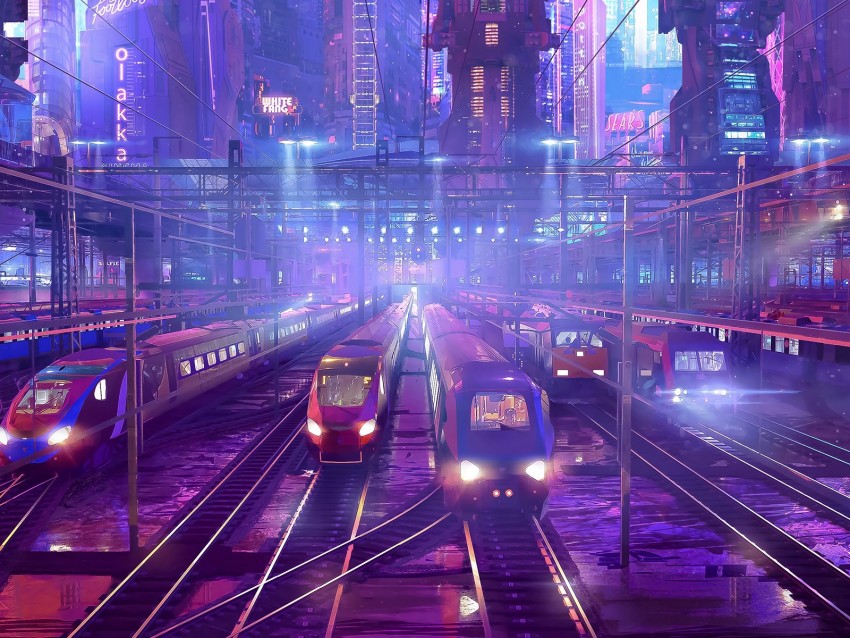 trains, railway, station, art, cyberpunk