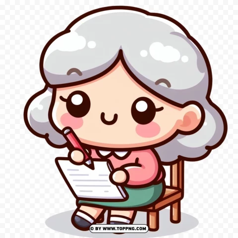 Old Woman,  Kawaii character, Writing,character,   cartoon,   senior,   elderly