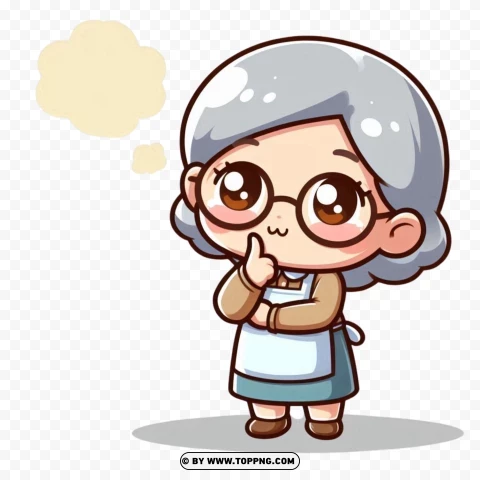 Kawaii Thinking Old Lady PNG Transparent Background