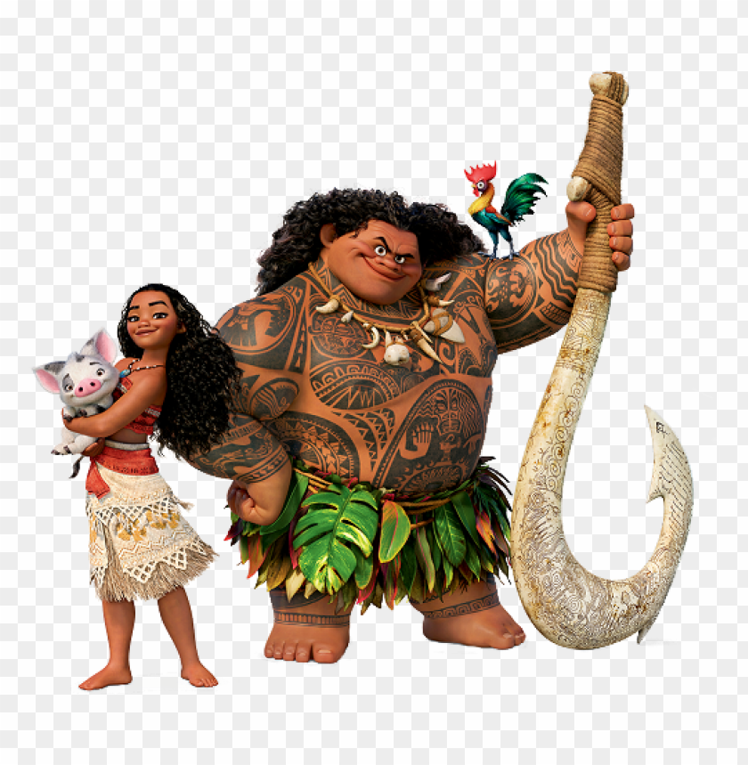 Moana, Maui, animated characters, tropical vibe, ocean adventure, Polynesian culture, pig companion