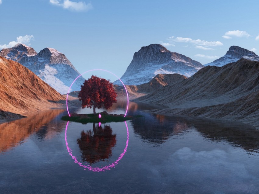 Tree Lake Mountains Ring Neon Reflection Background