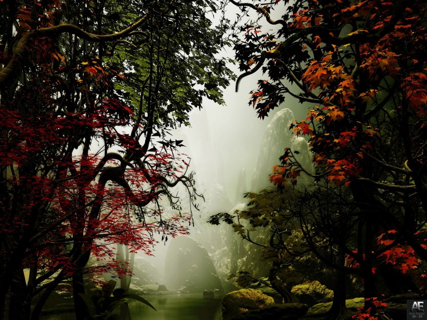 Trees Autumn Fog Art Rocks Background