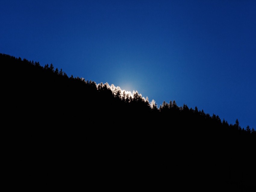 sunrise silhouette, mountain landscape, pine trees, blue sky, nature scenery