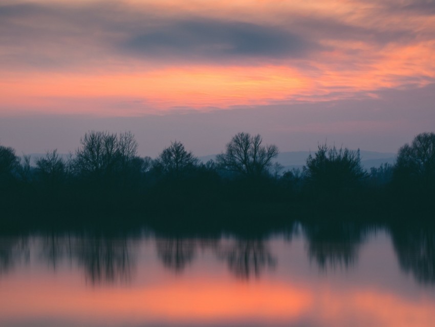 Trees River Sunset Horizon Reflection Background