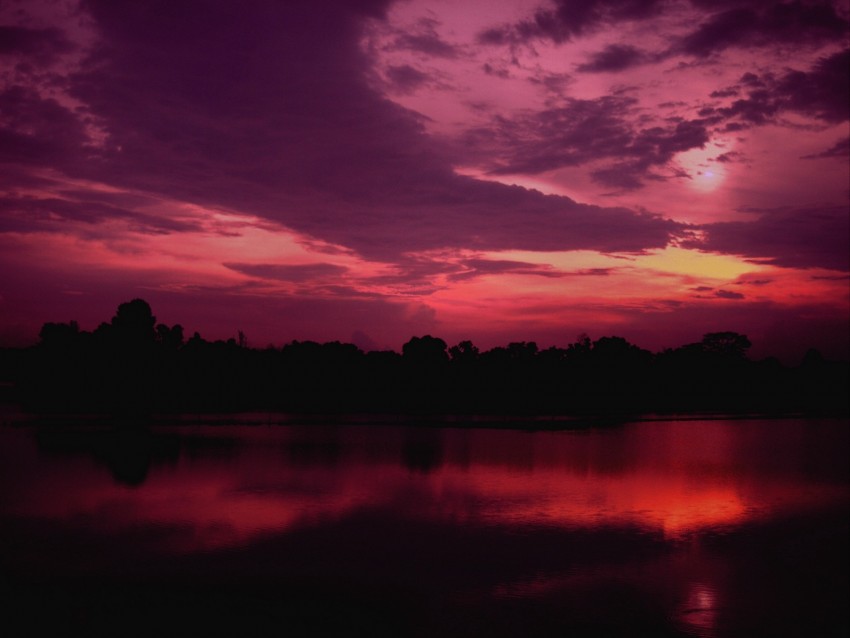 Twilight Lake Trees Sunset Sky Purple Dark Background