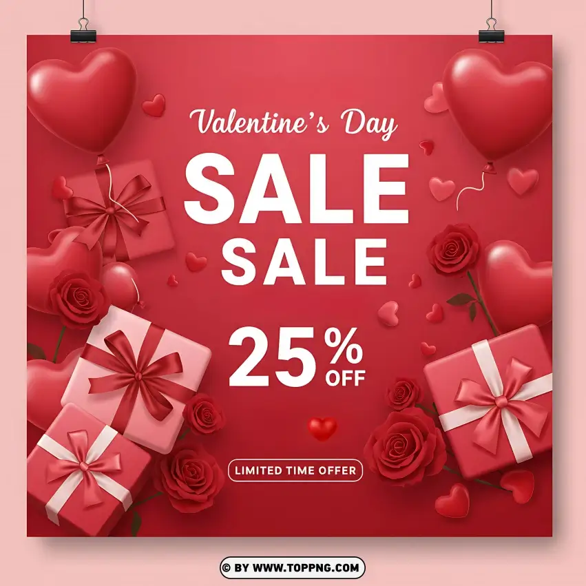 25% Off Valentines Day Sale With Gift Boxes Card PNG Transparent Background