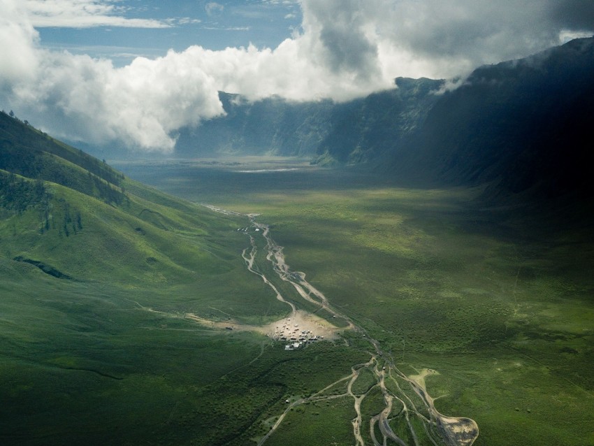 valley, road, aerial view, hills, clouds, landscape