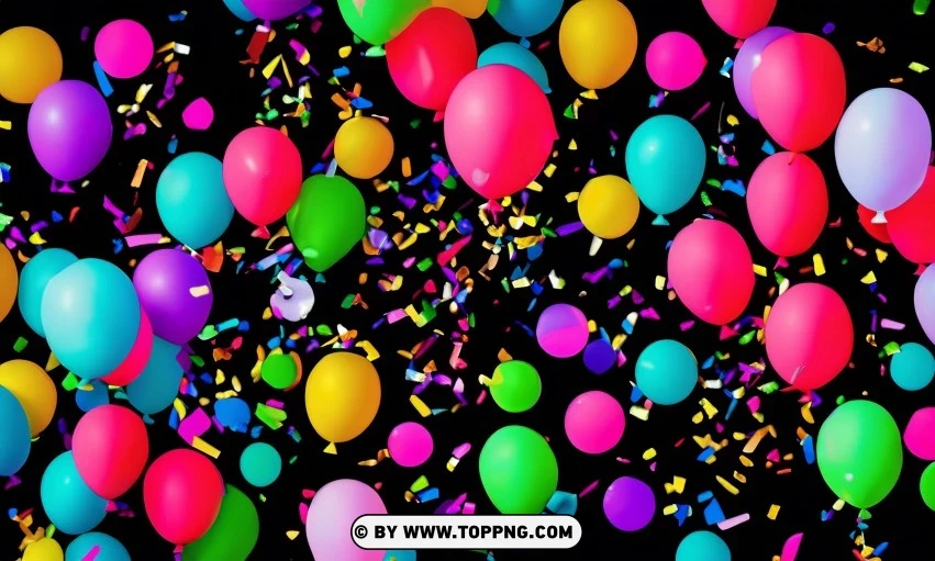 Festive Colorful balloons, Confetti celebration backdrop, Blurred bokeh party background, Colorful inflatable balloons decor, Festive event ambiance, Confetti-filled background, Luxury party scene