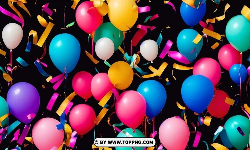 Festive Colorful balloons, Confetti celebration backdrop, Blurred bokeh party background, Colorful inflatable balloons decor, Festive event ambiance, Confetti-filled background, Luxury party scene