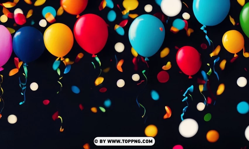 Festive Colorful balloons, Confetti celebration backdrop, Blurred bokeh party background, Colorful inflatable balloons decor, Festive event ambiance, Confetti-filled background, Luxury party scene