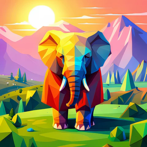 Vibrant Low Poly Art Playful Baby Elephant In Colorful Cloak PNG Transparent Background