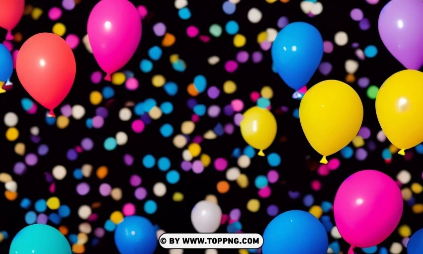 Festive Colorful balloons, Confetti celebration backdrop, Blurred bokeh party background, Colorful inflatable balloons decor, Festive event ambiance, Confetti-filled background, Luxury party scene