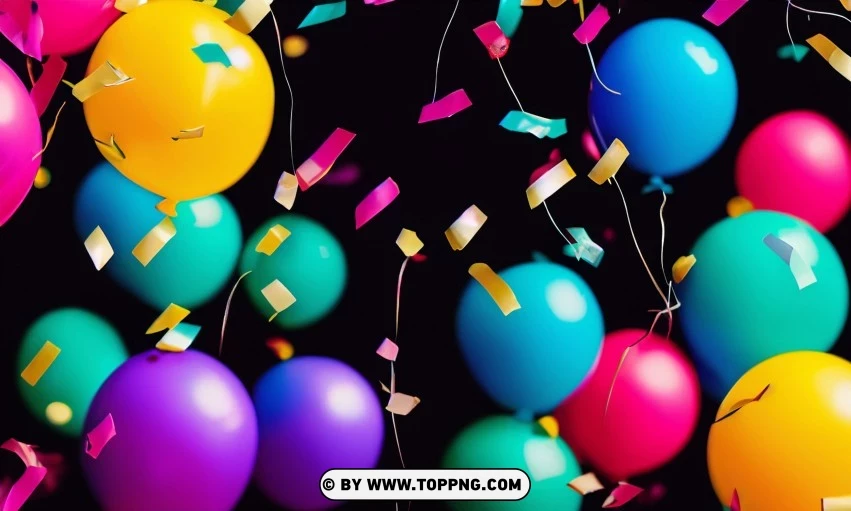 Festive Colorful balloons, Confetti celebration backdrop, Blurred bokeh party background, Colorful inflatable balloons decor, Festive event ambiance, Confetti-filled background, Luxury party scene