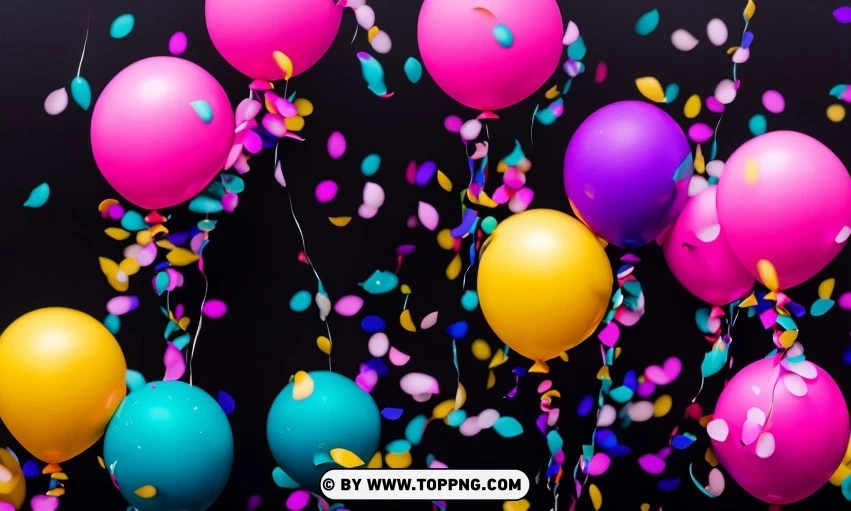 Festive Colorful balloons, Confetti celebration backdrop, Blurred bokeh party background, Colorful inflatable balloons decor, Festive event ambiance, Confetti-filled background, Luxury party scene