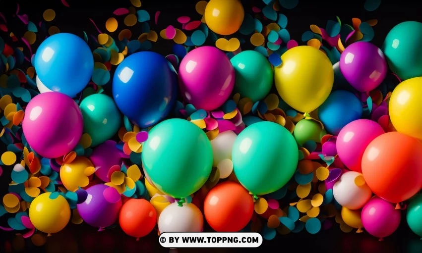 Festive Colorful balloons, Confetti celebration backdrop, Blurred bokeh party background, Colorful inflatable balloons decor, Festive event ambiance, Confetti-filled background, Luxury party scene