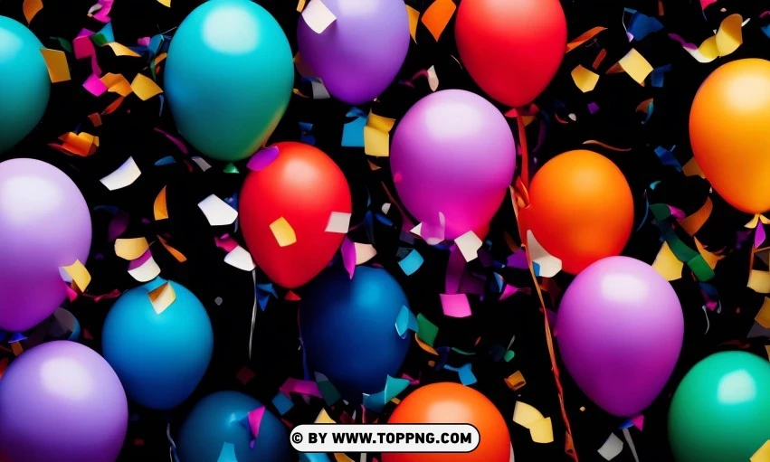 Festive Colorful balloons, Confetti celebration backdrop, Blurred bokeh party background, Colorful inflatable balloons decor, Festive event ambiance, Confetti-filled background, Luxury party scene