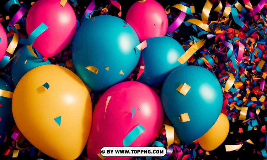 Festive Colorful balloons, Confetti celebration backdrop, Blurred bokeh party background, Colorful inflatable balloons decor, Festive event ambiance, Confetti-filled background, Luxury party scene