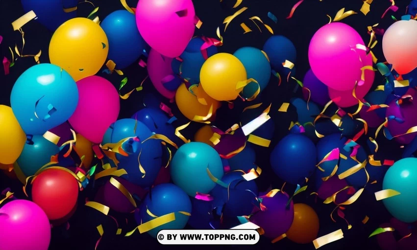 Festive Colorful balloons, Confetti celebration backdrop, Blurred bokeh party background, Colorful inflatable balloons decor, Festive event ambiance, Confetti-filled background, Luxury party scene