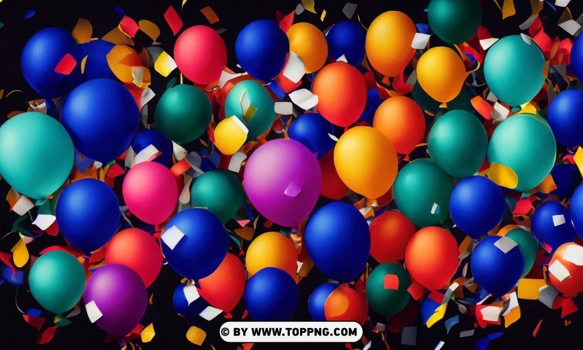 Festive Colorful balloons, Confetti celebration backdrop, Blurred bokeh party background, Colorful inflatable balloons decor, Festive event ambiance, Confetti-filled background, Luxury party scene