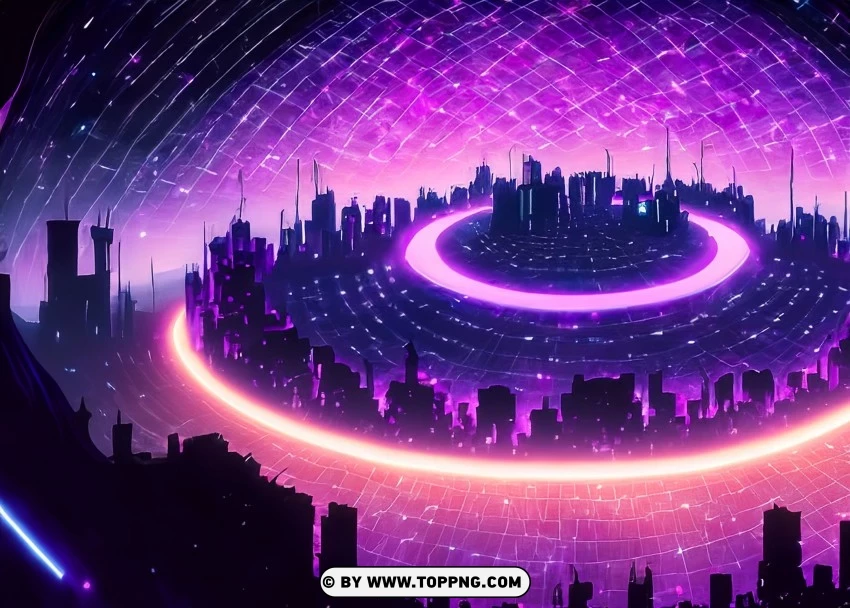 Vibrant Urban Skyline With Reflective Grid And Purple Neon Lights Wallpaper Flare PNG Transparent Background