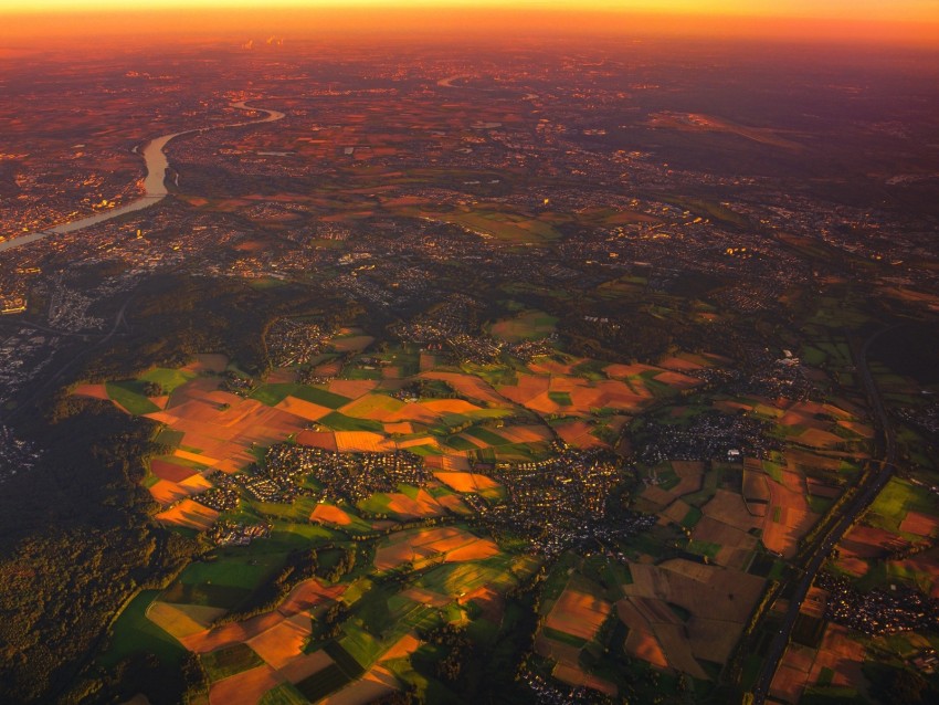 village, aerial view, landscape, sunset, dawn