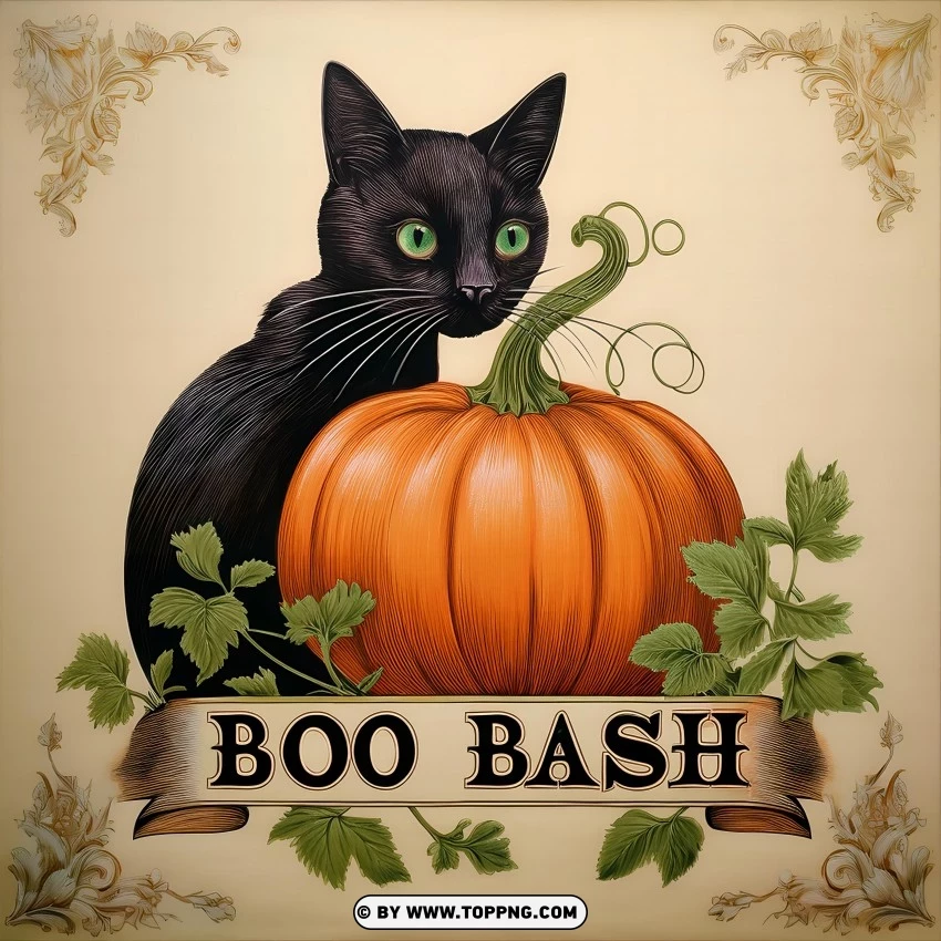 Vintage-style illustration of a black cat with a pumpkin, featuring the text 'Boo Bash' with decorative floral accents