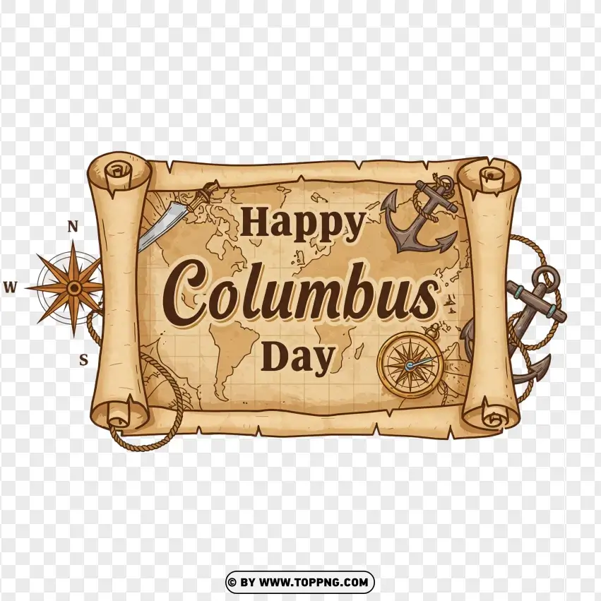 Vintage Scroll Design For Happy Columbus Day With Nautical Icons PNG Transparent Background