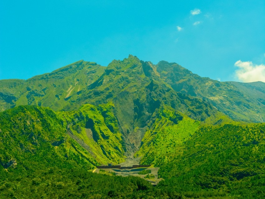 volcano, mountain, trees, grass, green, japan