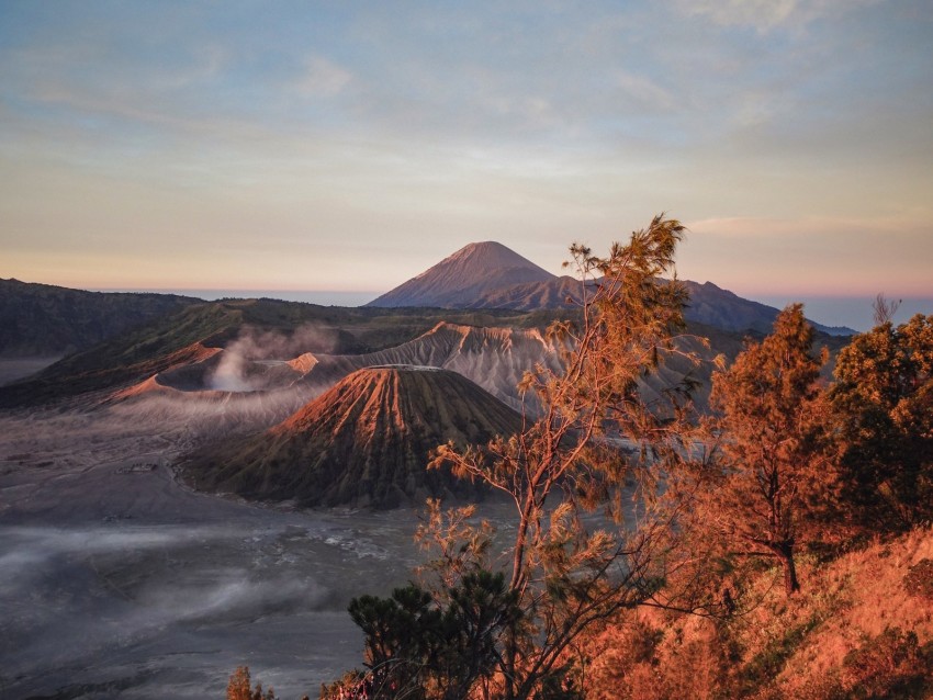 volcano, mountains, dawn, sunrise, grass, sky