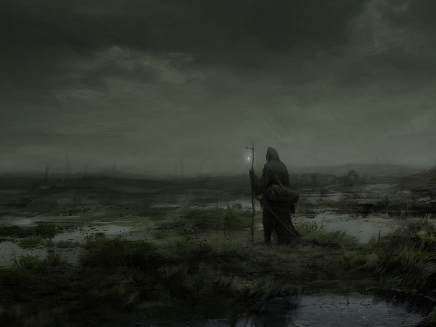 wanderer, fog, mantle, loneliness, art, gloomy