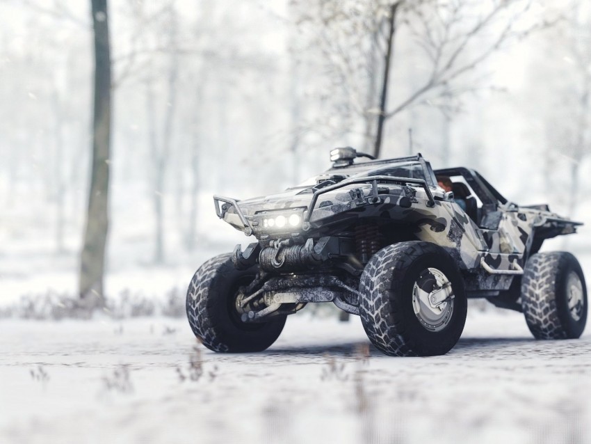 off-road vehicle, winter terrain, camouflage design, all-terrain performance, rugged adventure