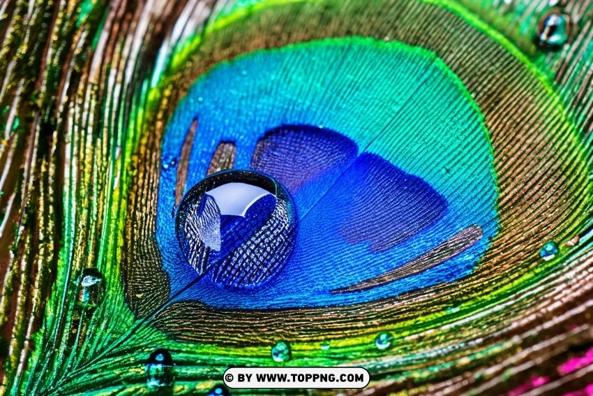 Water Drop Floating On A Beautiful Peacock Feather PNG Transparent Background