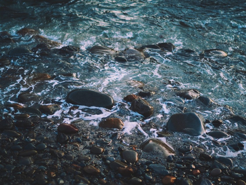 water, pebbles, shore, waves, beach