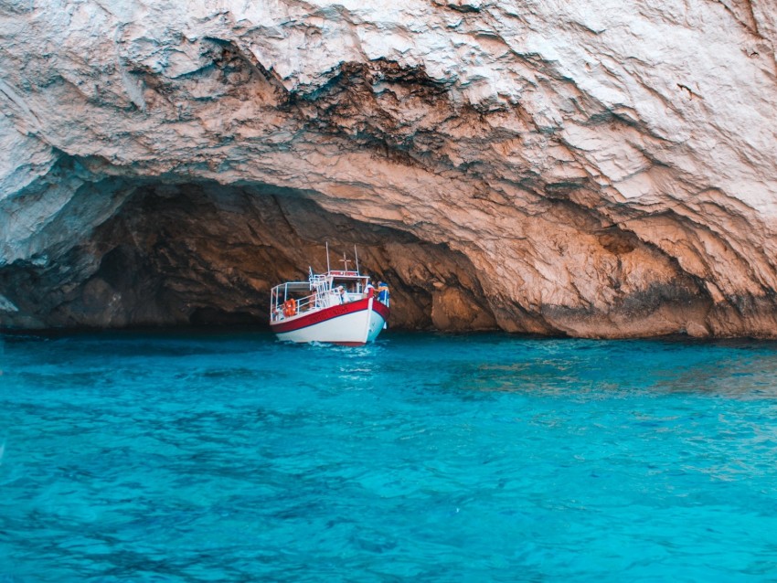 Water Rock Boat Sea Bay Cave Background