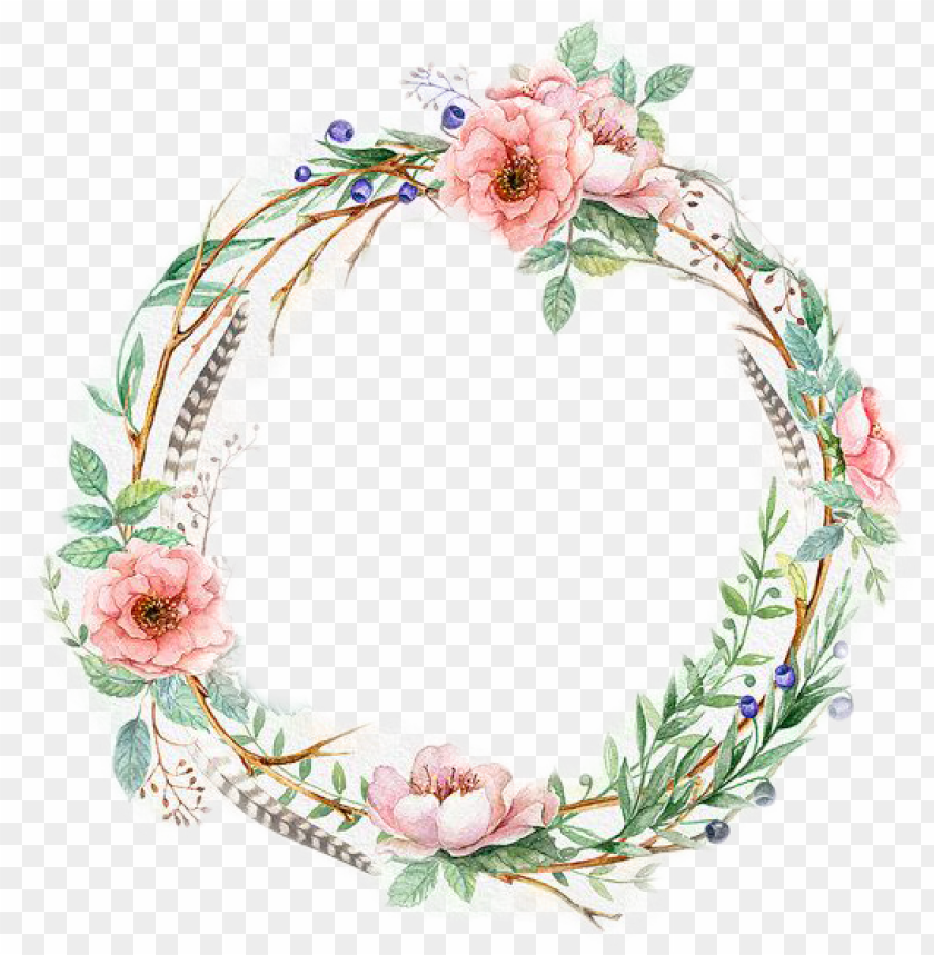 floral wreath, pink flowers, green leaves, botanical design, decorative circle, watercolor illustration, nature art