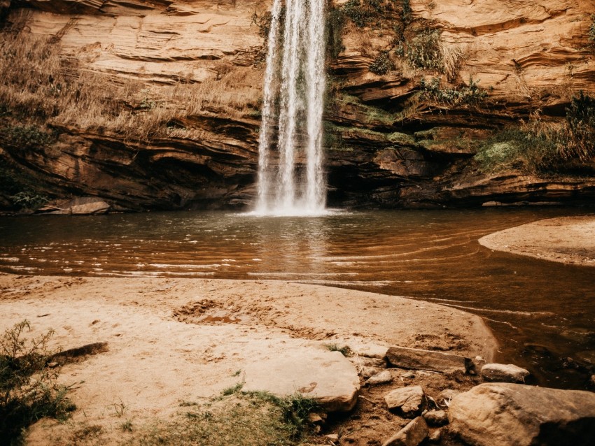 waterfall, cliff, river, stones, shore