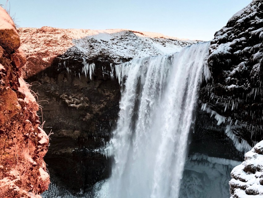 waterfall, cliff, rocks, snow, ice, frozen