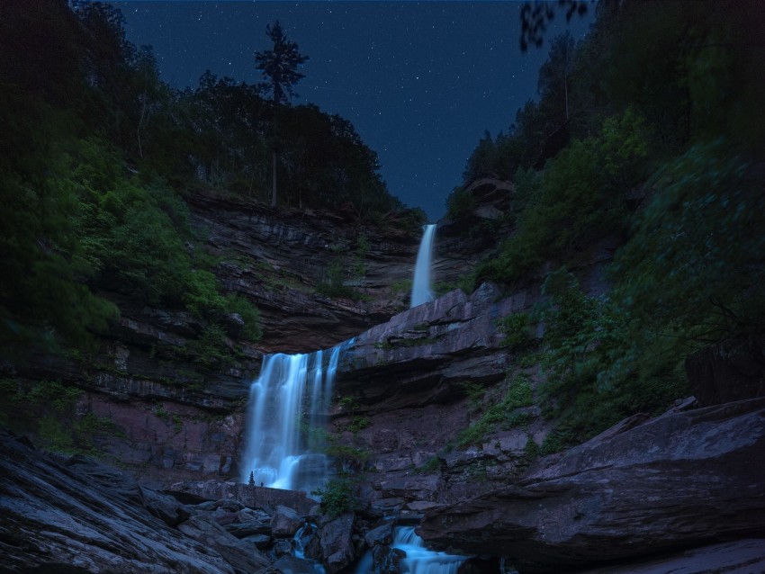 waterfall, flow, starry sky, twilight, night