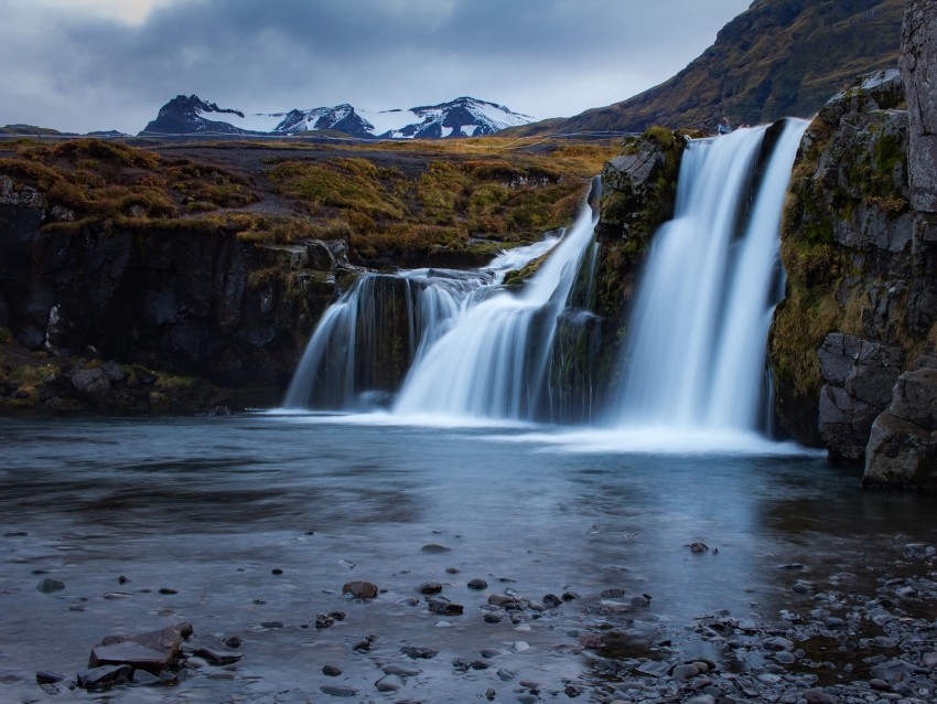 Waterfall Flow Water Mountains Background