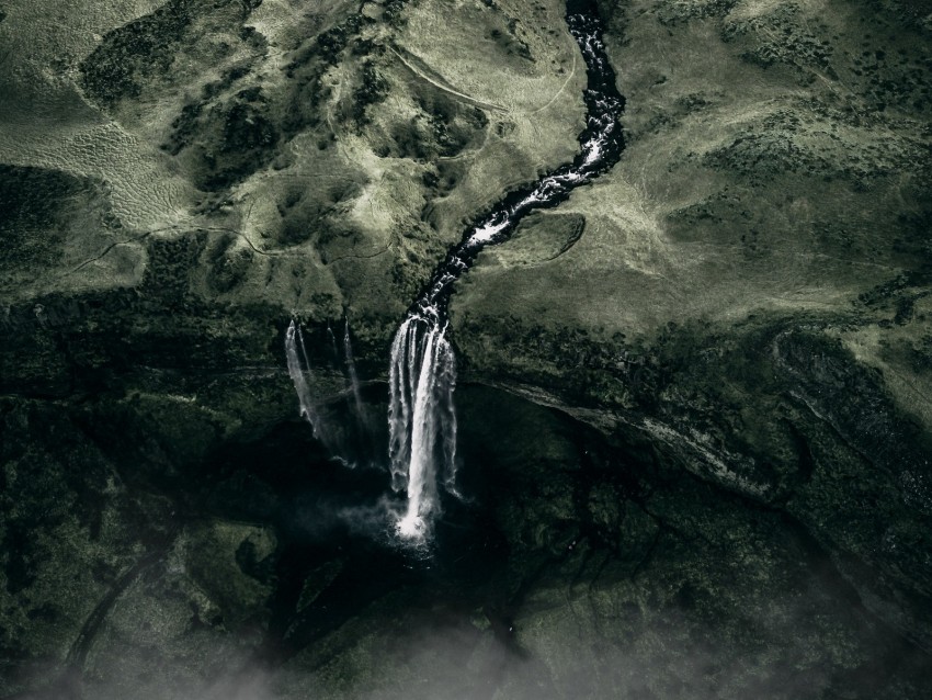 waterfall, fog, aerial view, water, flow, green