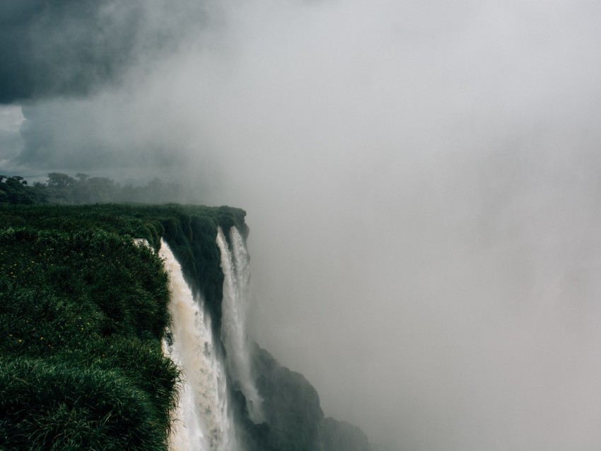 Waterfall Fog Cliff Grass Greens Background