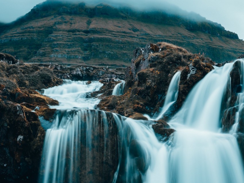 Waterfall Fog Current Hills Background