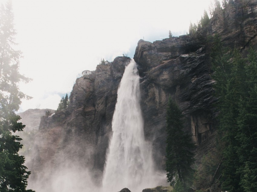 Waterfall Fog Trees Stones Landscape Background