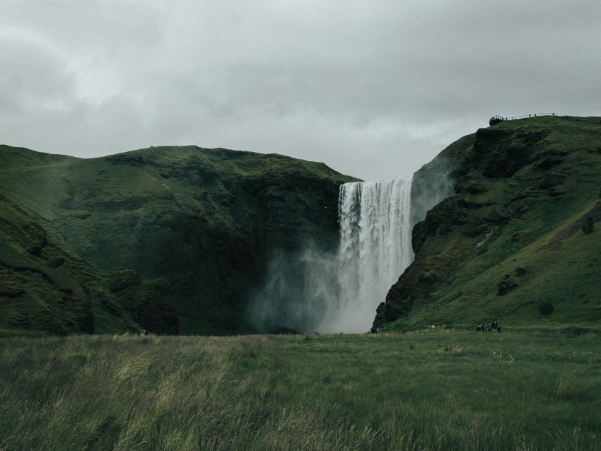 waterfall, hills, landscape, grass, greens