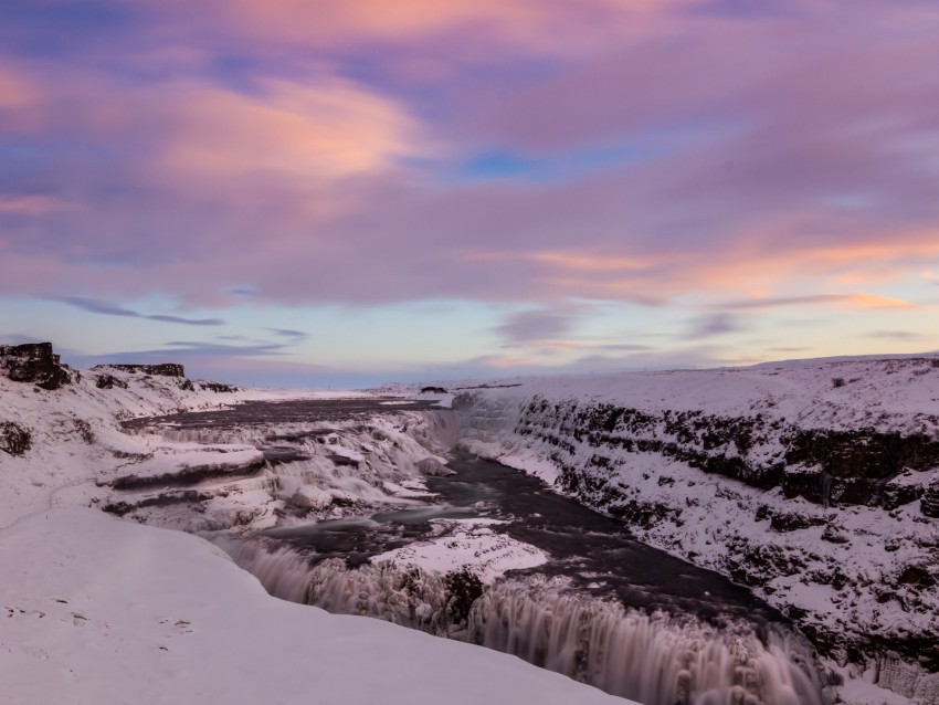 waterfall, ice, snow, sunset, sky, winter