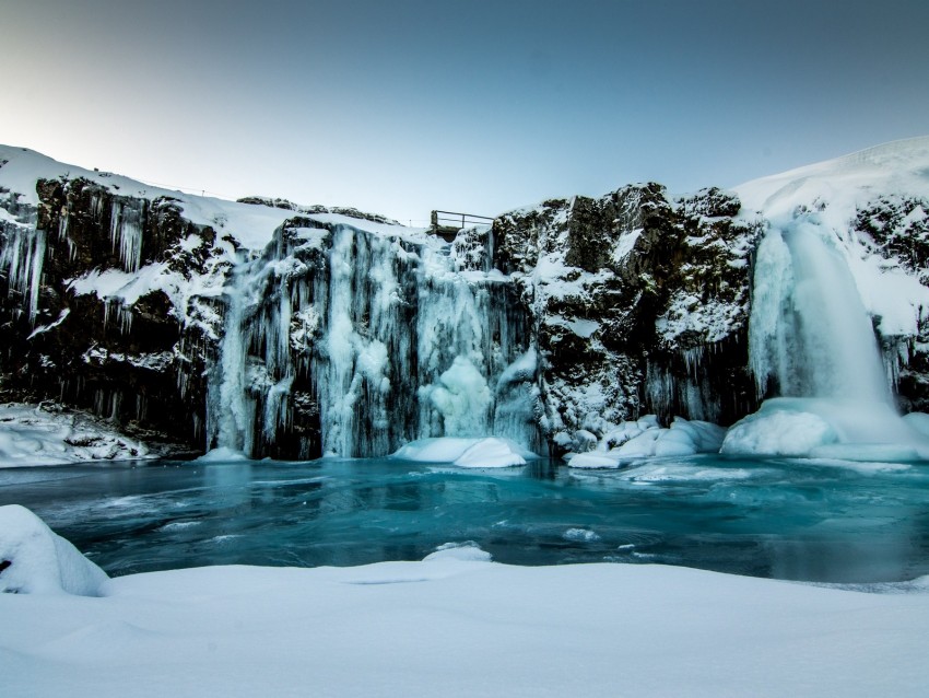 waterfall, ice, snow, winter, cliff, twilight