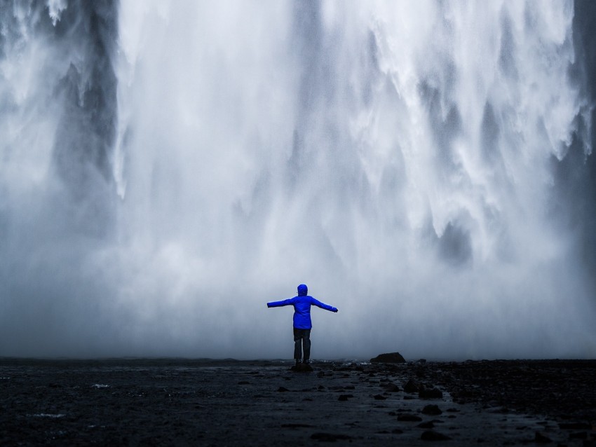 waterfall, man, silhouette, cliff, water