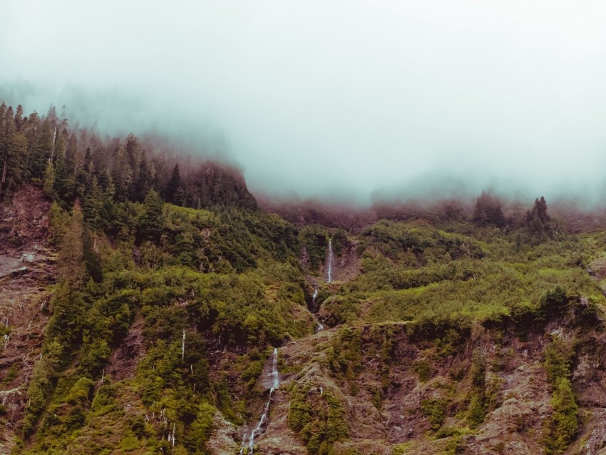 Waterfall Mountain Cliff Fog Sky Background