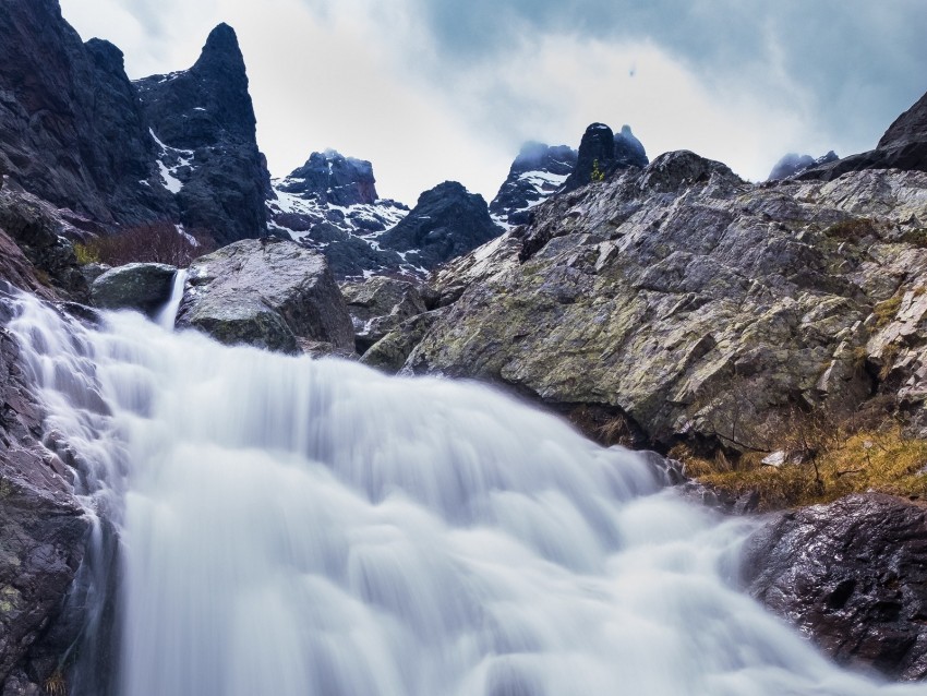 waterfall, river, mountains, rocks, stones