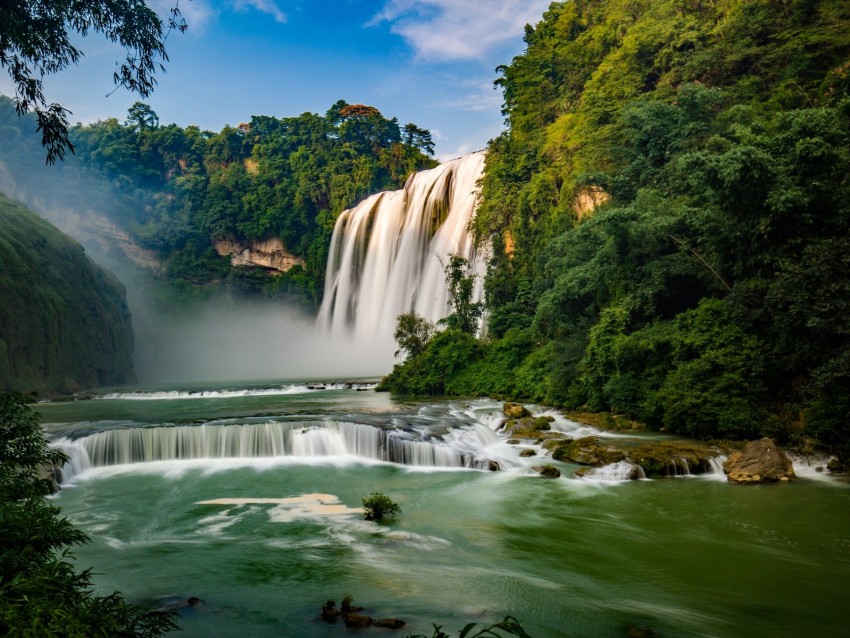 Waterfall River Precipice Trees Current Water Background